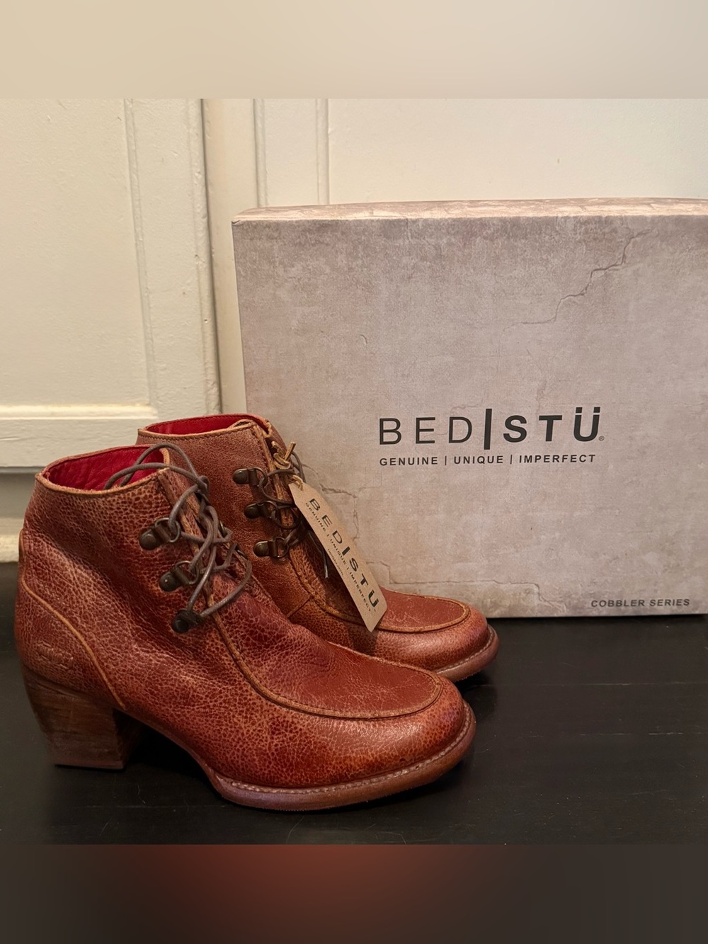 BED|STÜ Mage Cognac Leather Lace-Up Ankle Boots – Size 7 – New with Box